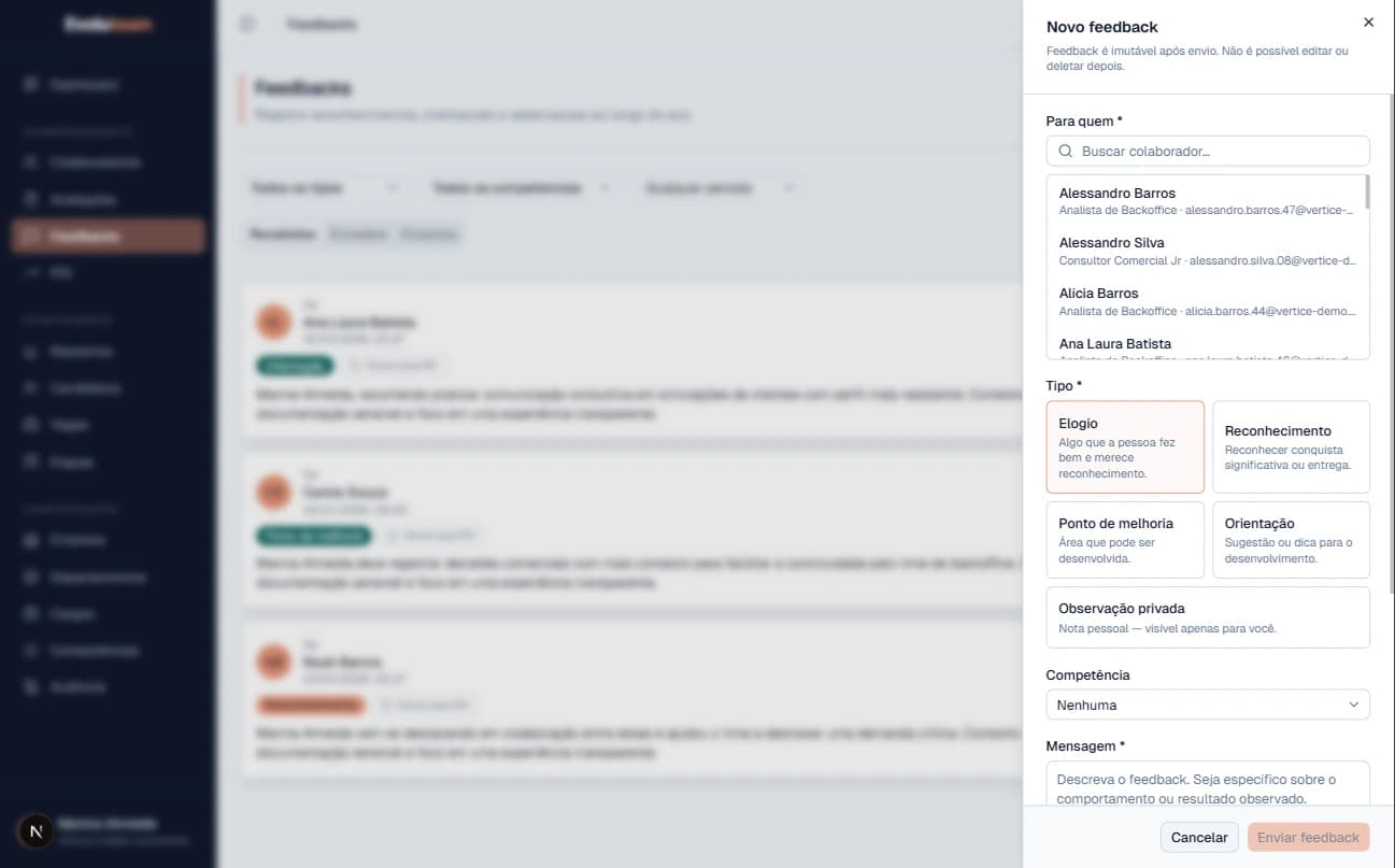 Tela de novo feedback do Evoluteam com seleção de tipo, mensagem e vínculo de competência