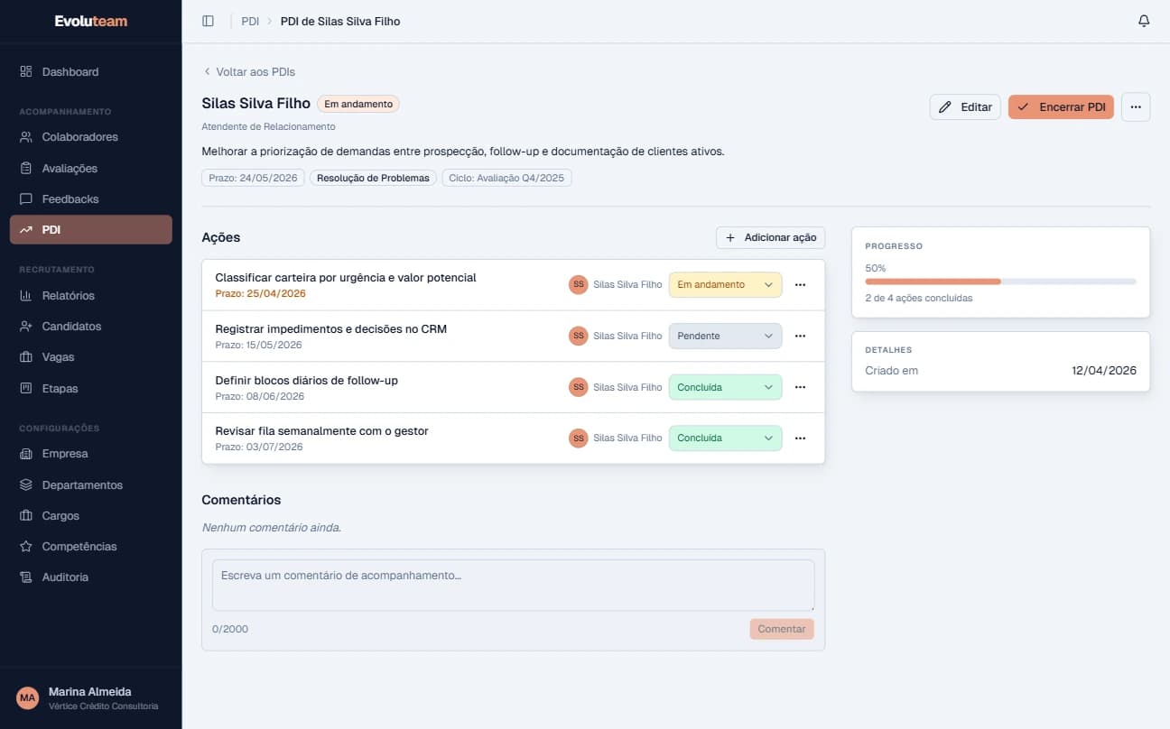 Plano de desenvolvimento individual no Evoluteam com ações, responsáveis, prazos e status